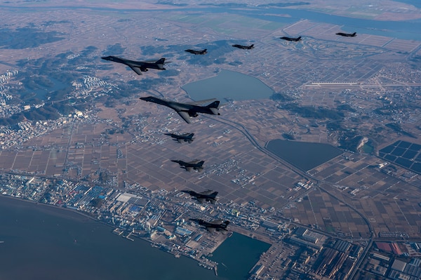 51st Fighter Wing’s F-16’s joined with B-1B bombers and Republic of Korea F-35A’s in a combined training flight over the Korean Peninsula today. The bombers joined the formation as part of Vigilant Storm 23.