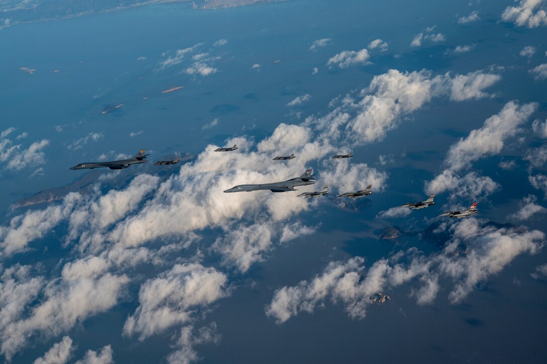 51st Fighter Wing’s F-16’s joined with B-1B bombers and Republic of Korea F-35A’s in a combined training flight over the Korean Peninsula today. The bombers joined the formation as part of Vigilant Storm 23.