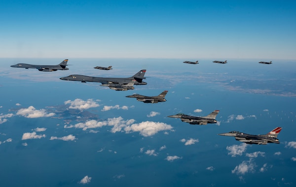 51st Fighter Wing’s F-16’s joined with B-1B bombers and Republic of Korea F-35A’s in a combined training flight over the Korean Peninsula today. The bombers joined the formation as part of Vigilant Storm 23.