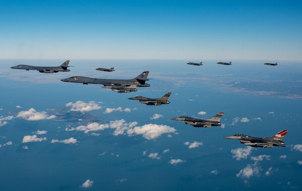 51st Fighter Wing’s F-16’s joined with B-1B bombers and Republic of Korea F-35A’s in a combined training flight over the Korean Peninsula today. The bombers joined the formation as part of Vigilant Storm 23.