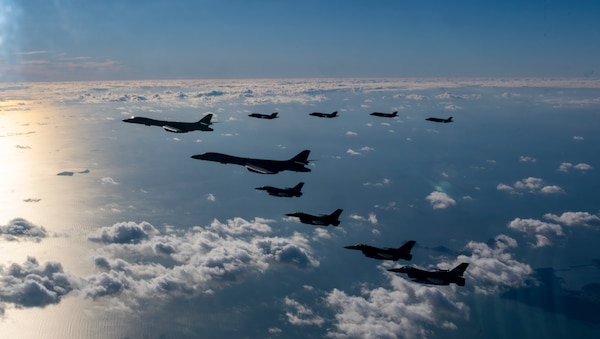 51st Fighter Wing’s F-16’s joined with B-1B bombers and Republic of Korea F-35A’s in a combined training flight over the Korean Peninsula today. The bombers joined the formation as part of Vigilant Storm 23.