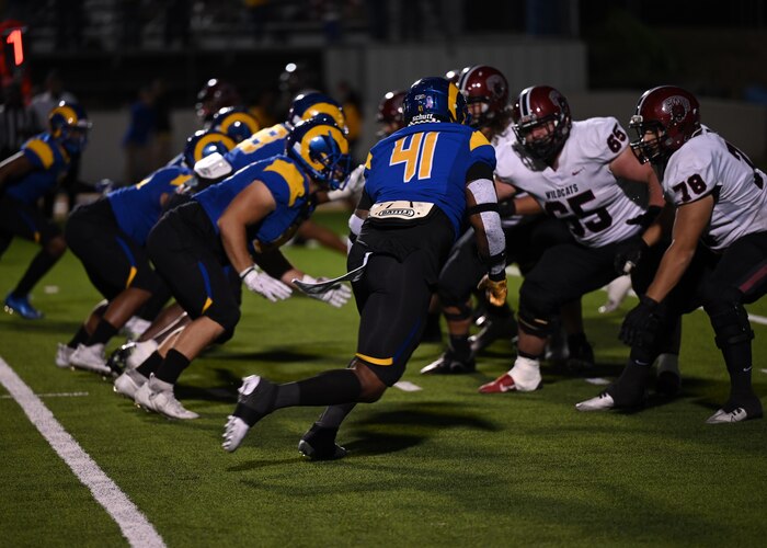 The Angelo State University Rams charge at the Central Washington University Wildcats at Military Appreciation Night, Angelo State University, Nov. 5, 2022. Military members were invited to watch the game for free as a token of appreciation. (U.S. Air Force photo by Senior Airman Ethan Sherwood)