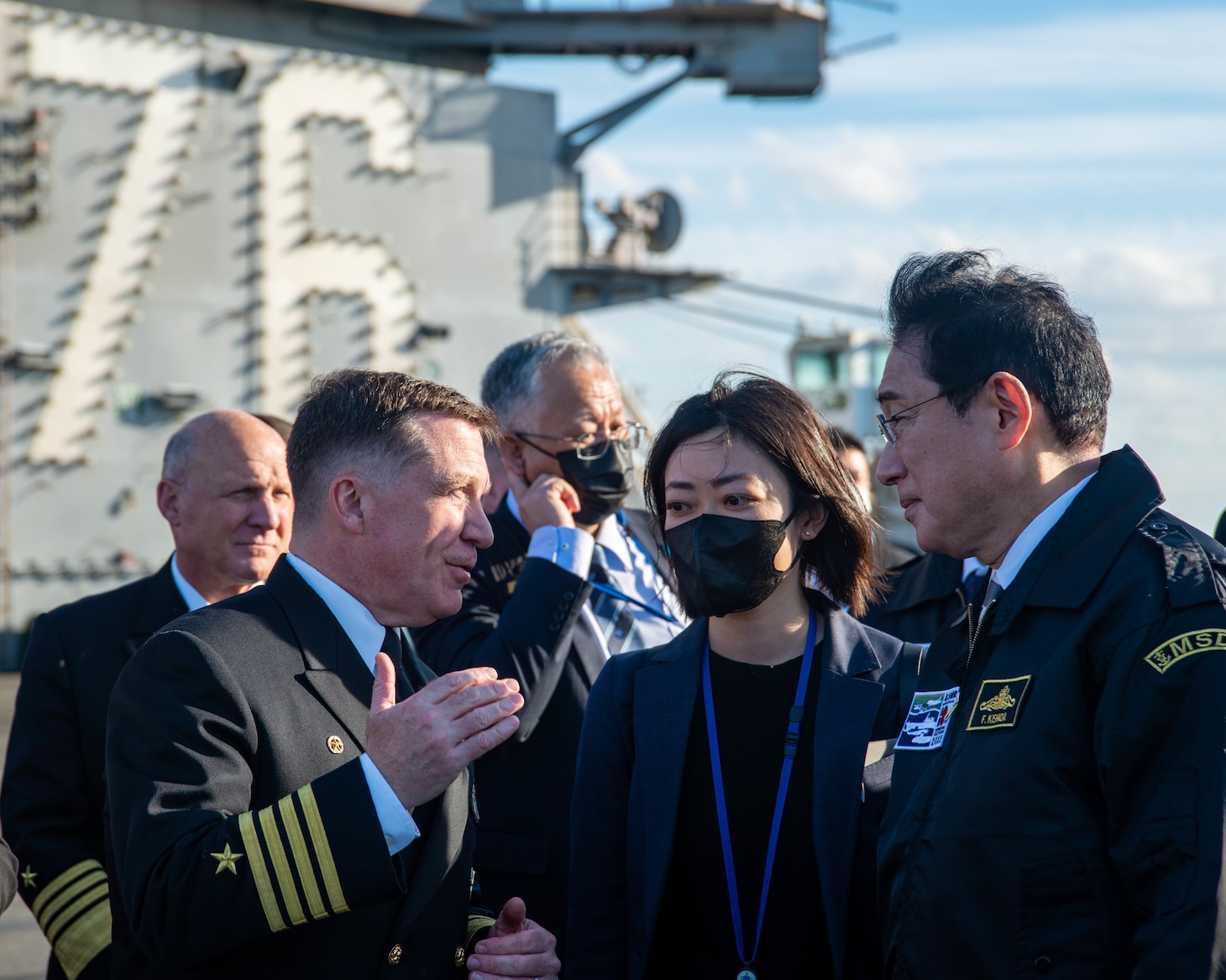 SAGAMI WAN (Nov. 6, 2022) Capt. Daryle Cardone, commanding officer of the U.S. Navy’s only forward-deployed aircraft carrier, USS Ronald Reagan (CVN 76), gives a tour of the flight deck to Japan Prime Minister Fumio Kishida as part of the Japan Maritime Self-Defense Force Fleet Review 2022 in the Sagami Wan, Nov. 6. Ronald Reagan, the flagship of Carrier Strike Group 5, provides a combat-ready force that protects and defends the United States, and supports alliances, partnerships and collective maritime interests in the Indo-Pacific region. (U.S. Navy photo by Mass Communication Specialist 3rd Class Gray Gibson)