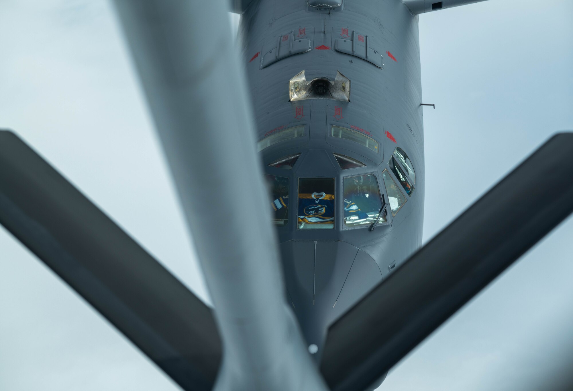 A U.S. Air Force 5th Bomb Wing B-52 Stratofortress approaches a U.S. Air Force KC-135 Stratotanker, assigned to the 909th Air Refueling Squadron, over the Pacific Ocean Oct. 27, 2022. The B-52 is a long range heavy bomber that can perform a variety of missions in support of a free and open Indo-Pacific. (U.S. Air Force photo by Airman Alexis Redin)