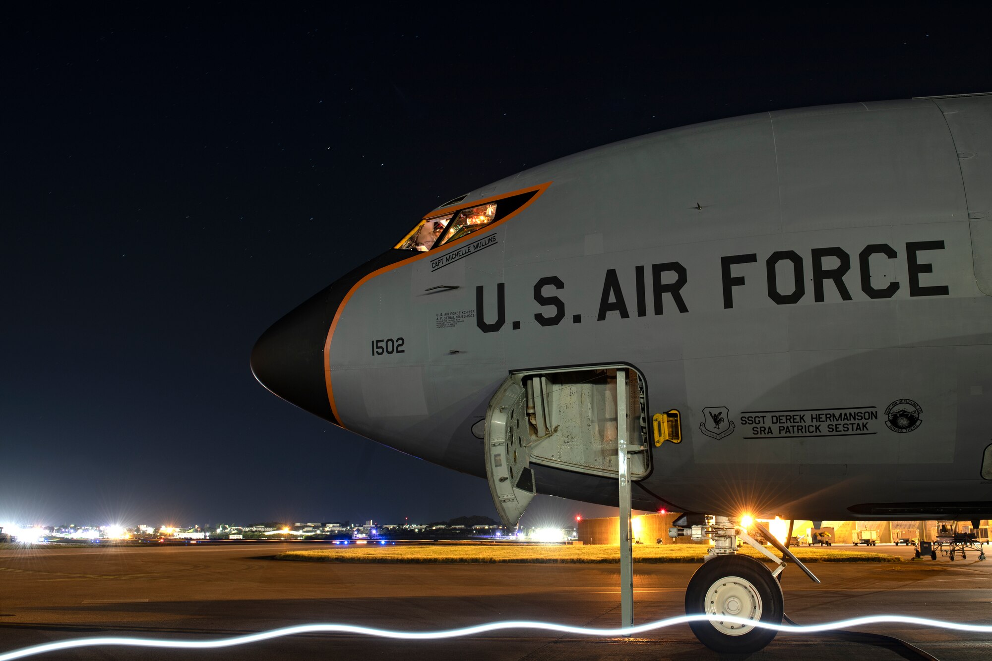 A KC-135 Stratotanker assigned to the 909th Air Refueling Squadron sits on the flightline prior to an early morning refueling flight at Kadena Air Base, Japan, Oct. 27, 2022. The KC-135 Stratotanker provides the core aerial refueling capability for the Department of Defense, supporting the U.S. Navy, U.S. Marine Corps, and Allied nation aircraft. (U.S. Air Force photo by Senior Airman Jessi Roth)