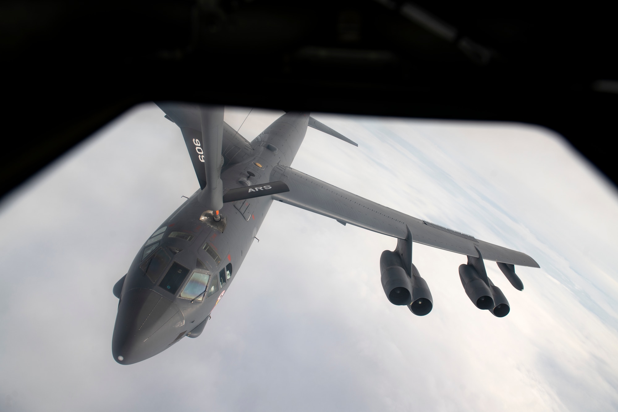 A U.S. Air Force 5th Bomb Wing B-52H Stratofortress receives fuel from a 909th Air Refueling Squadron KC-135 Stratotanker over the Pacific Ocean, Oct. 27, 2022. Aerial refueling capabilities extend airborne training time and combat radius, ensuring U.S. and Allied nation aircraft are postured to maintain regional peace and stability within the Indo-Pacific area of responsibility. (U.S. Air Force photo by Senior Airman Jessi Roth)