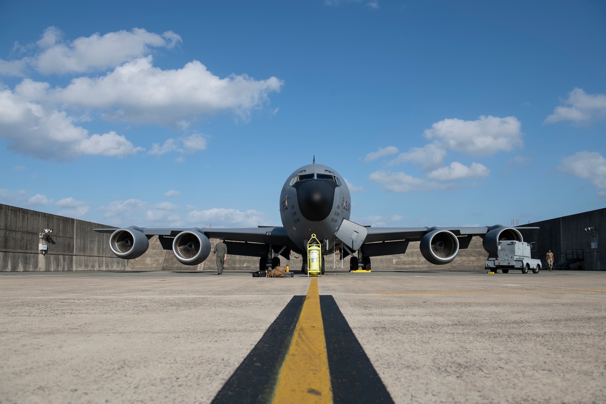 A KC-135 Stratotanker assigned to the 909th Air Refueling Squadron is parked on the flightline prior to flight in support of a joint training exercise over the Pacific Ocean, Oct. 24, 2022. Joint training strengthens partnerships and enhances capabilities, allowing the U.S. to maintain air supremacy and ensure a free and open Indo-Pacific. (U.S. Air Force photo by Senior Airman Jessi Roth)