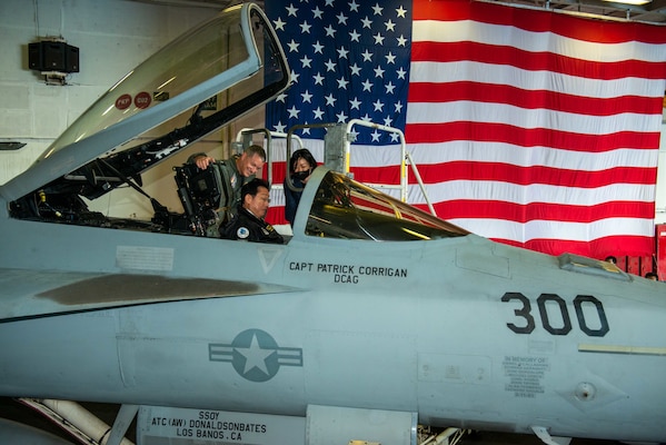 SAGAMI WAN (Nov. 6, 2022) Japan Prime Minister Fumio Kishida sits inside the cockpit of a F/A-18E Super Hornet, attached to the “Eagles” of Strike Fighter Squadron (VFA) 115, during a ship tour of the U.S. Navy’s only forward-deployed aircraft carrier, USS Ronald Reagan (CVN 76), as part of the Japan Maritime Self-Defense Force Fleet Review 2022, in the Sagami Wan, Nov. 6. Ronald Reagan, the flagship of Carrier Strike Group 5, provides a combat-ready force that protects and defends the United States, and supports alliances, partnerships and collective maritime interests in the Indo-Pacific region. (U.S. Navy photo by Mass Communication Specialist 2nd Class Michael B. Jarmiolowski)