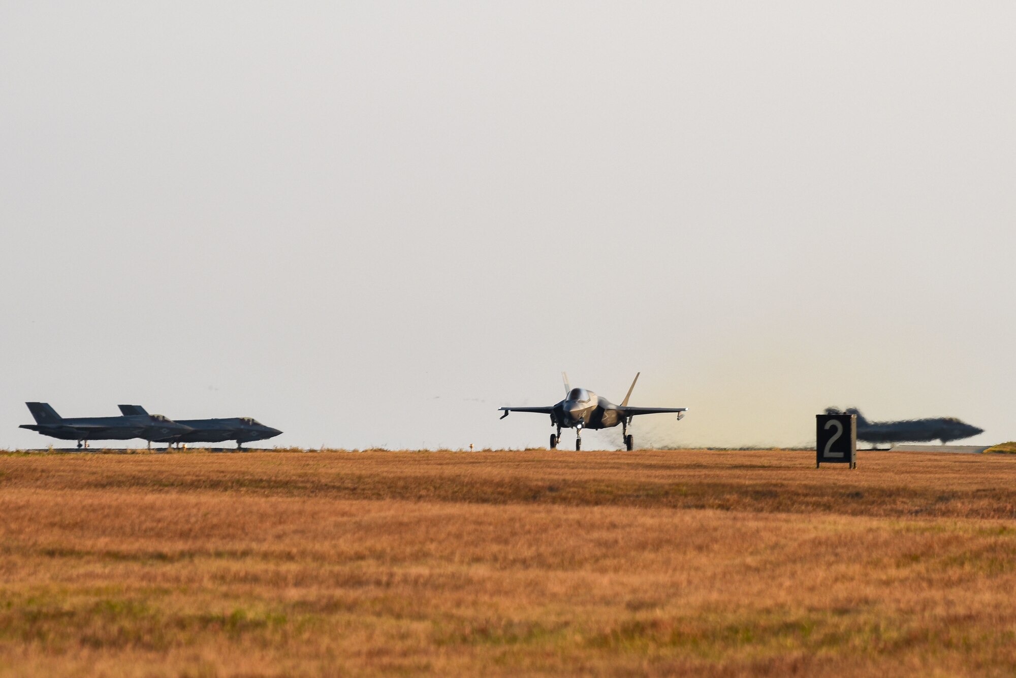 Four U.S. Marine Corps F-35B Lightning II aircraft from the Marine Fighter Attack Squadron (VMFA) 242 prepare to depart the flightline at Kunsan Air Base, Republic of Korea, Oct. 31, 2022. The aircraft traveled to Kunsan as a part of the Pacific Air Forces command sponsored VIGILANT STORM 23 training event. VIGILANT STORM is a regularly scheduled training designed to enhance the combat readiness and survivability of U.S. and ROK forces and sustain capabilities, further strengthening the ROK-U.S. Alliance. (U.S. Air Force photo by Tech. Sgt. Timothy Dischinat)