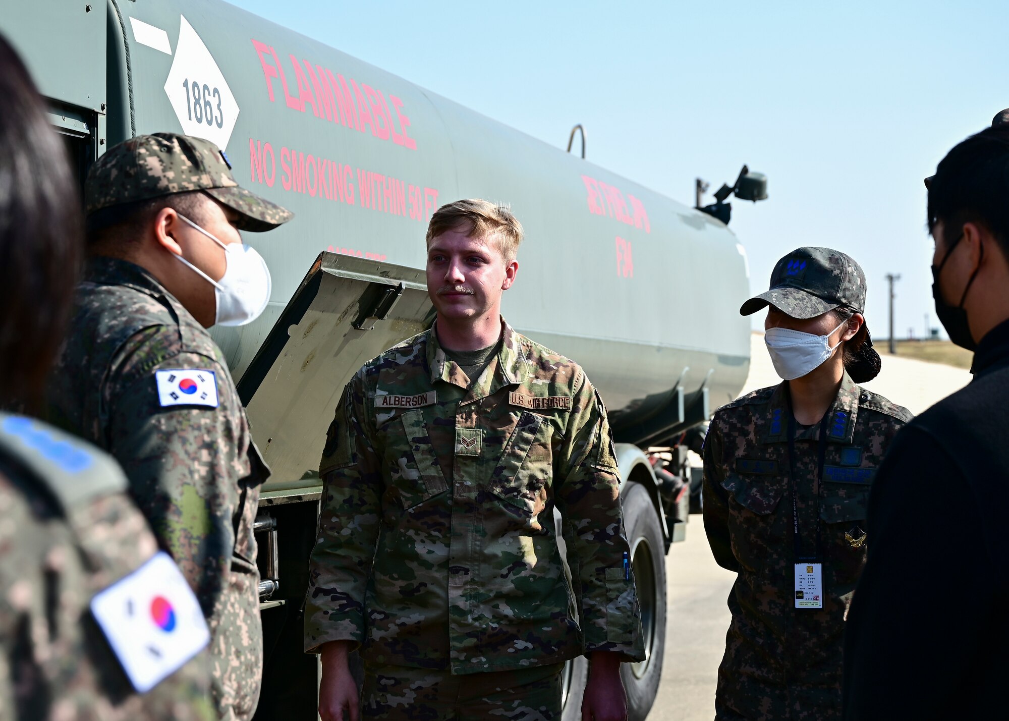 Senior Airman Brandon Alberson, 8th Logistics Readiness Squadron fuels equipment maintenance supervisor, briefs Republic of Korea Air Force logistics personnel during a combined petroleum oil and lubricants immersion between the partner forces at Kunsan Air Base, ROK, Oct. 27, 2022. ROKAF and 8th LRS hosted one another at their respective organizations to allow each force to better understand how their counterparts complete their joint mission. (U.S. Air Force photo by Staff Sgt. Isaiah J. Soliz)