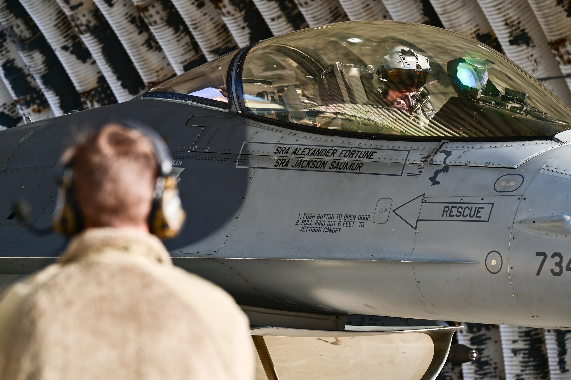U.S. Air Force Senior Airman Robert Kay, 80th Fighter Generation Squadron crew chief, speaks to an 80th Fighter Squadron pilot during a preflight check at Kunsan Air Base, Republic of Korea, Nov. 4, 2022. Preflight checks verifies the aircraft’s reliability to perform its air combat role with maneuverability and ability to locate all types of aircraft in any weather condition. (U.S. Air Force photo by Staff Sgt. Sadie Colbert)