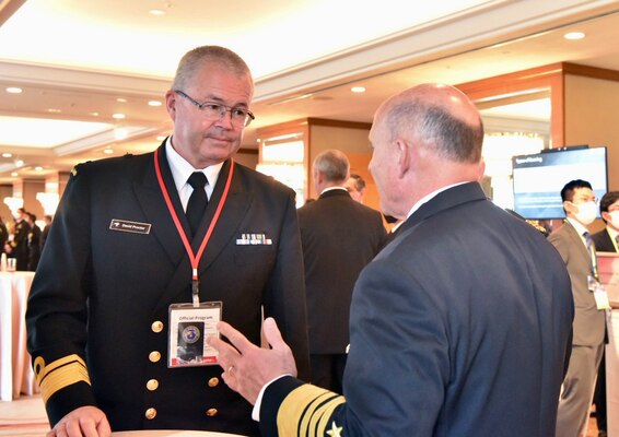 YOKOHAMA, Japan (Nov. 7, 2022) - Chief of Naval Operations Adm. Mike Gilday meets with the Commander-in-Chief of the Royal New Zealand Navy Rear Adm. David Proctor in Yokohama, Japan, Nov. 7. This engagement was one of many held during the International Fleet Review and Western Pacific Naval Symposium. (U.S. Navy photo by Cmdr. Courtney Hillson/released)