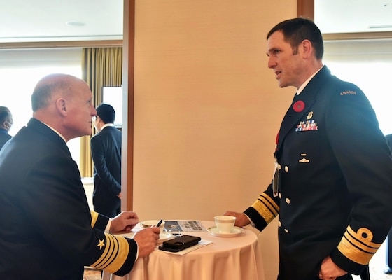 YOKOHAMA, Japan (Nov. 7, 2022) - Chief of Naval Operations Adm. Mike Gilday meets with Commander, Royal Canadian Navy Vice Adm. Angus Topshee in Yokohama, Japan, Nov. 7. This engagement was one of many held during the International Fleet Review and Western Pacific Naval Symposium. (U.S. Navy photo by Cmdr. Courtney Hillson/released)