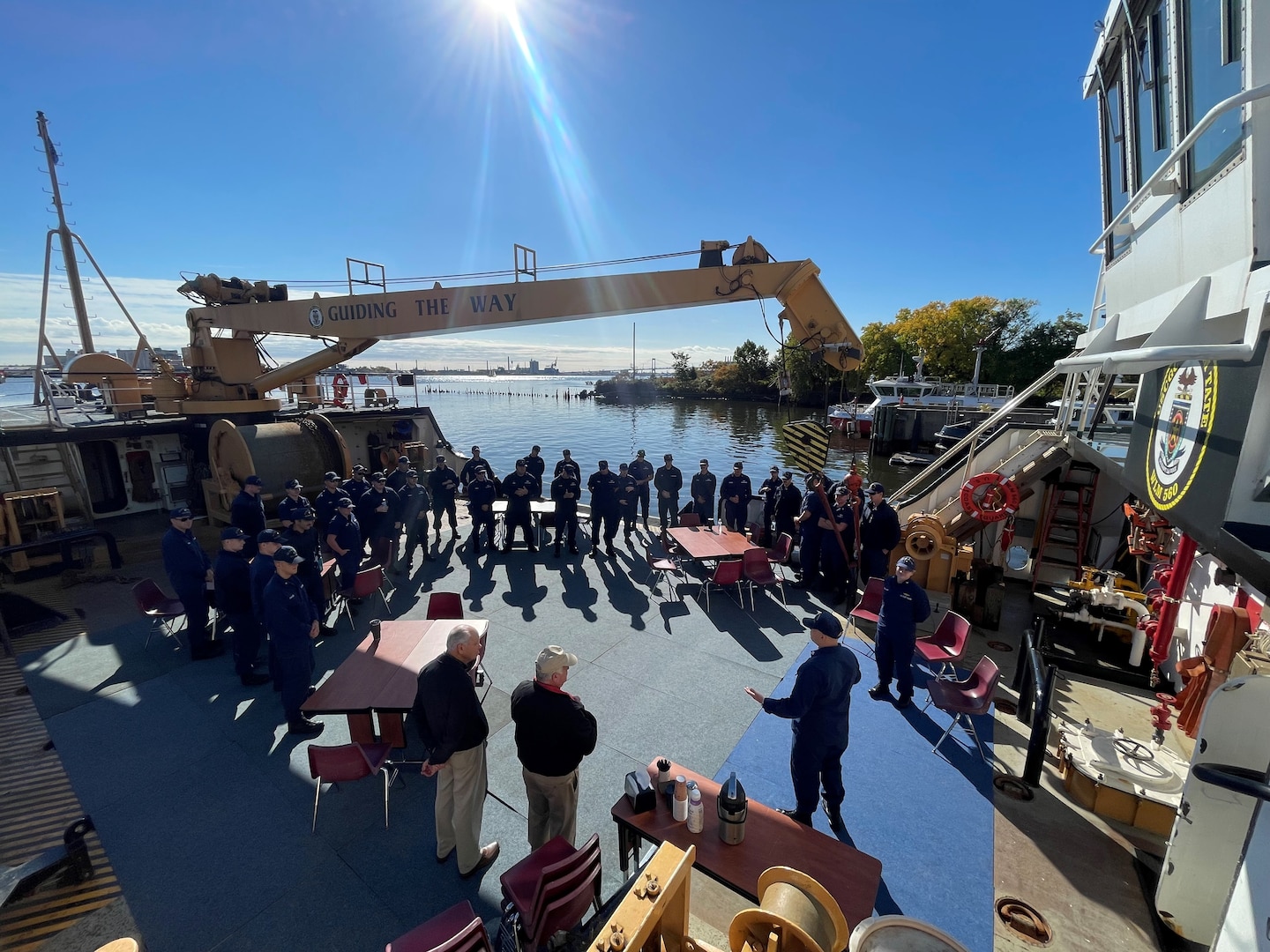 Coast Guard Sector Boston recognizes new cuttermen aboard the USS Constitution during an Eight Bells celebration, Oct. 18, 2021. The annual occasion commemorates sea service with a variety of events, including a writing competition. (U.S. Coast Guard photo by Petty Officer 2nd Class Tyler Meecham.)