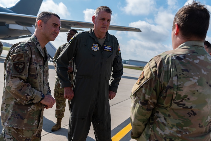 U.S. Air Force Gen. Mike Minihan, Air Mobility Command commander, and Chief Master Sgt. Brian Kruzelnick, AMC command chief, receive a Maintenance and Tactical Employment brief from an Airman assigned to the 305th Air Mobility Wing at Joint Base McGuire-Dix-Lakehurst, N.J., Nov. 1, 2022.