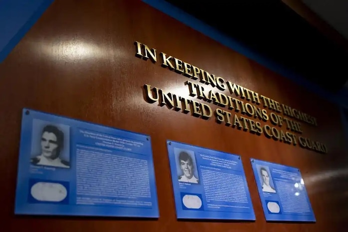 Retired Capt. James Hubbard is inducted into the Hall of Heroes Wall of Gallantry memorial at the Coast Guard Academy, October 21st, 2022. Hubbard was formally recognized for his efforts during two helicopter rescues that he played an integral role in during his Coast Guard career. (U.S. Coast Guard photograph by Petty Officer 2nd Class Matthew Abban)