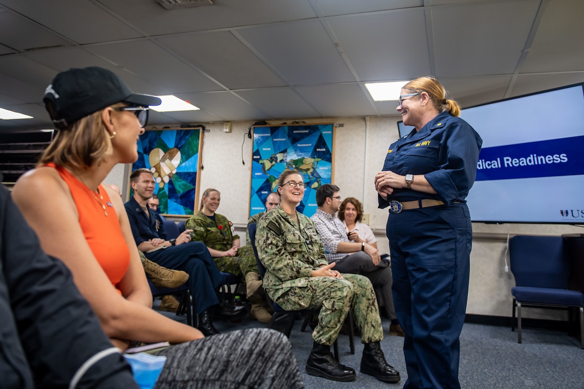 PUERTO CORTES, Honduras (Nov. 6, 2022) Capt. Carolyn Currie, from Lake George, New York, conducts a Women, Peace, and Security (WPS) seminar with Honduran service members aboard the hospital ship USNS Comfort (T-AH 20), Nov. 6, 2022.
