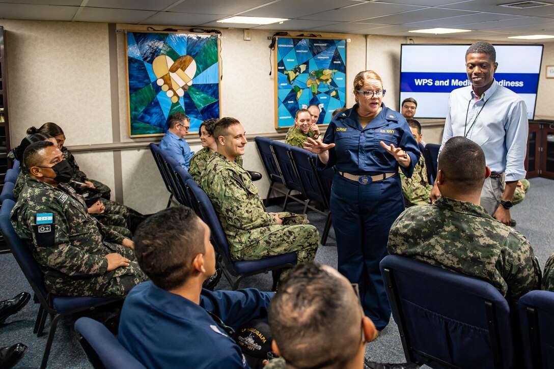 PUERTO CORTES, Honduras (Nov. 6, 2022) Capt. Carolyn Currie, from Lake George, New York, conducts a Women, Peace, and Security (WPS) seminar with Honduran service members aboard the hospital ship USNS Comfort (T-AH 20), Nov. 6, 2022.