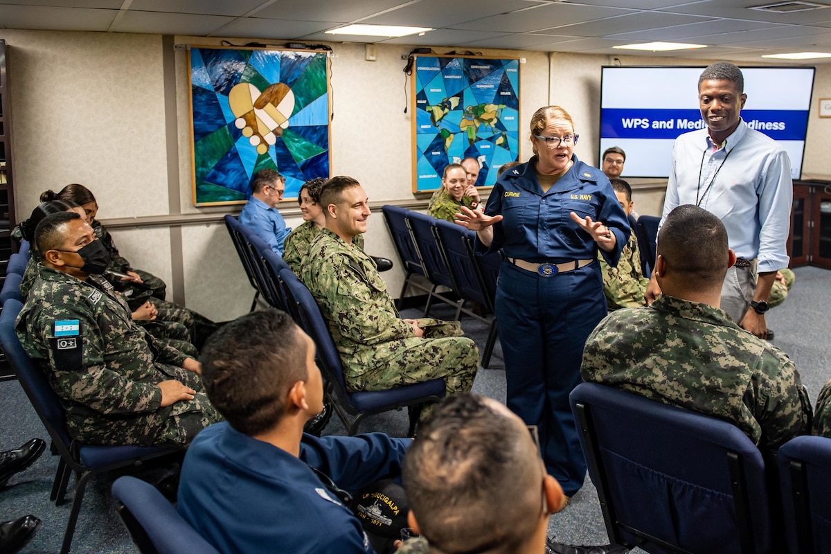 PUERTO CORTES, Honduras (Nov. 6, 2022) Capt. Carolyn Currie, from Lake George, New York, conducts a Women, Peace, and Security (WPS) seminar with Honduran service members aboard the hospital ship USNS Comfort (T-AH 20), Nov. 6, 2022.