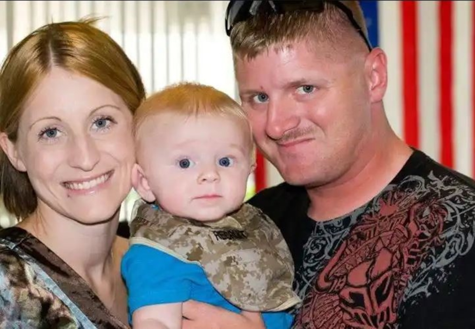 Pictured here is late Marine Corps Sgt. Christopher Jacobs, previously attached to Delta Company, 3rd Assault Amphibian Battalion in Twentynine Palms, California, his wife Brittany, and their son, Christian. Christopher was killed in a training accident in 2011 when Christian was eight-months-old.