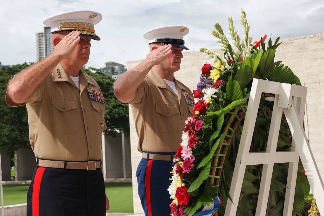 The 38th Commandant of the U.S. Marine Corps, General David H. Berger, and the 19th Sergeant Major of the U.S. Marine Corps, Sgt. Maj. Troy E. Black, take part in a wreath-laying ceremony at the Manila American Cemetery and Memorial, Manila, Philippines, Sept. 5, 2022. The ceremony honored the lives lost during the Pacific Theater of WWII. (U.S. Marine Corps Photo by Sgt. Kathryn Adams)