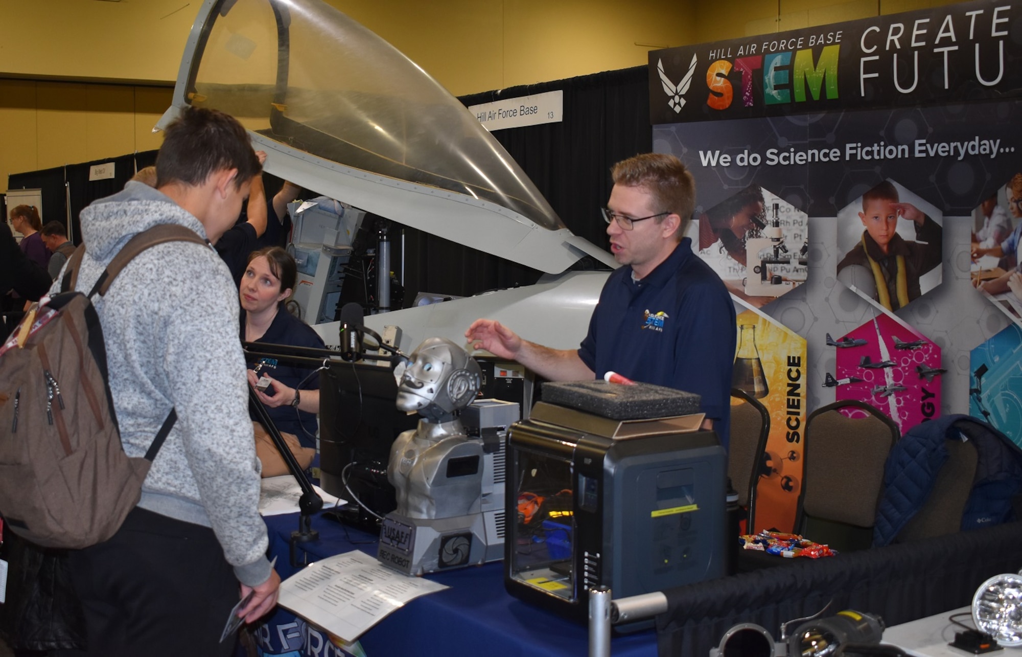 Steve Turner, a volunteer from the 309th Software Engineering Group, speaks to students at the Northern Utah STEM Expo Nov. 7. The community event was an opportunity for students to engage with multiple STEM-driven businesses and higher-education institutions so they will have the necessary information and background to make informed career path decisions.