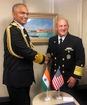 Chief of Naval Operations Adm. Mike Gilday meets with India’s Chief of the Naval Staff Adm. R. Hari Kumar aboard the Japanese Maritime Self-Defense Force helicopter destroyer JS Izumo (DDH-183) at sea, Nov. 6. This engagement was one of many held during the International Fleet Review and Western Pacific Naval Symposium.