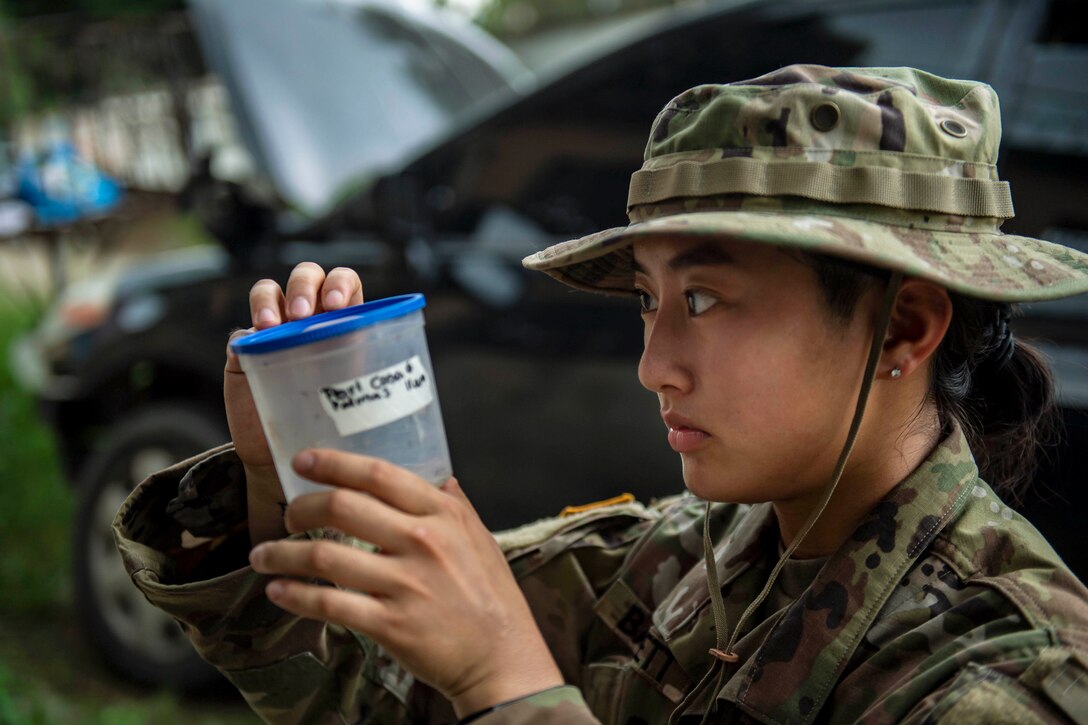 A soldier looks at a container of mosquitos.