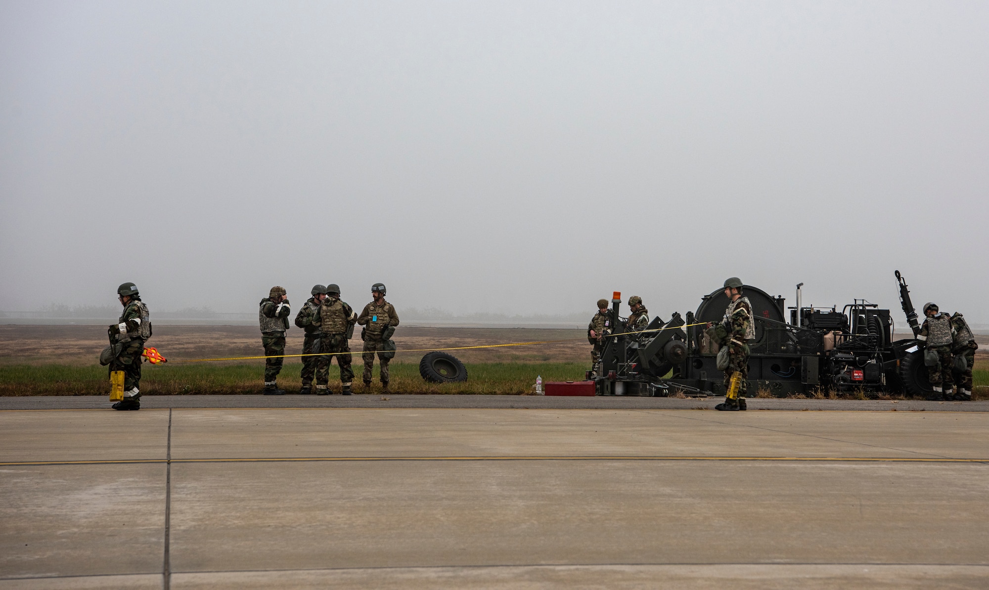 U.S. Air Force 51st Civil Engineer Squadron (CES) electrical power production Airmen assemble the Mobile Aircraft Arresting System (MAAS) during Vigilant Storm 23 at Osan Air Base, Republic of Korea, Nov. 1, 2022.