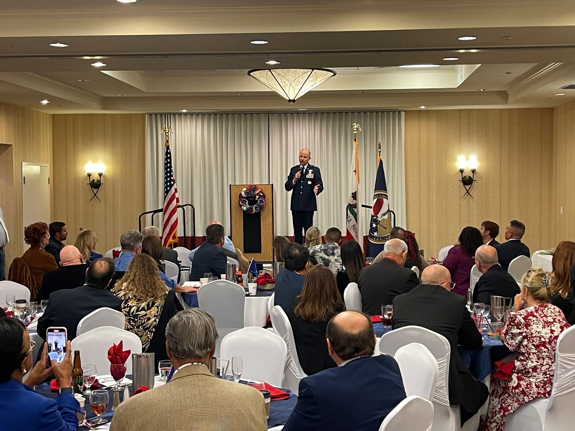 Brig. Gen. Matthew W. Higer, Commander, 412th Test Wing delivers remarks during the installation banquet for the Edwards AFB Civilian/Military Support Group (Civ/Mil) Nov.4. (U.S. Air Force Photo by Danny Bazzell)