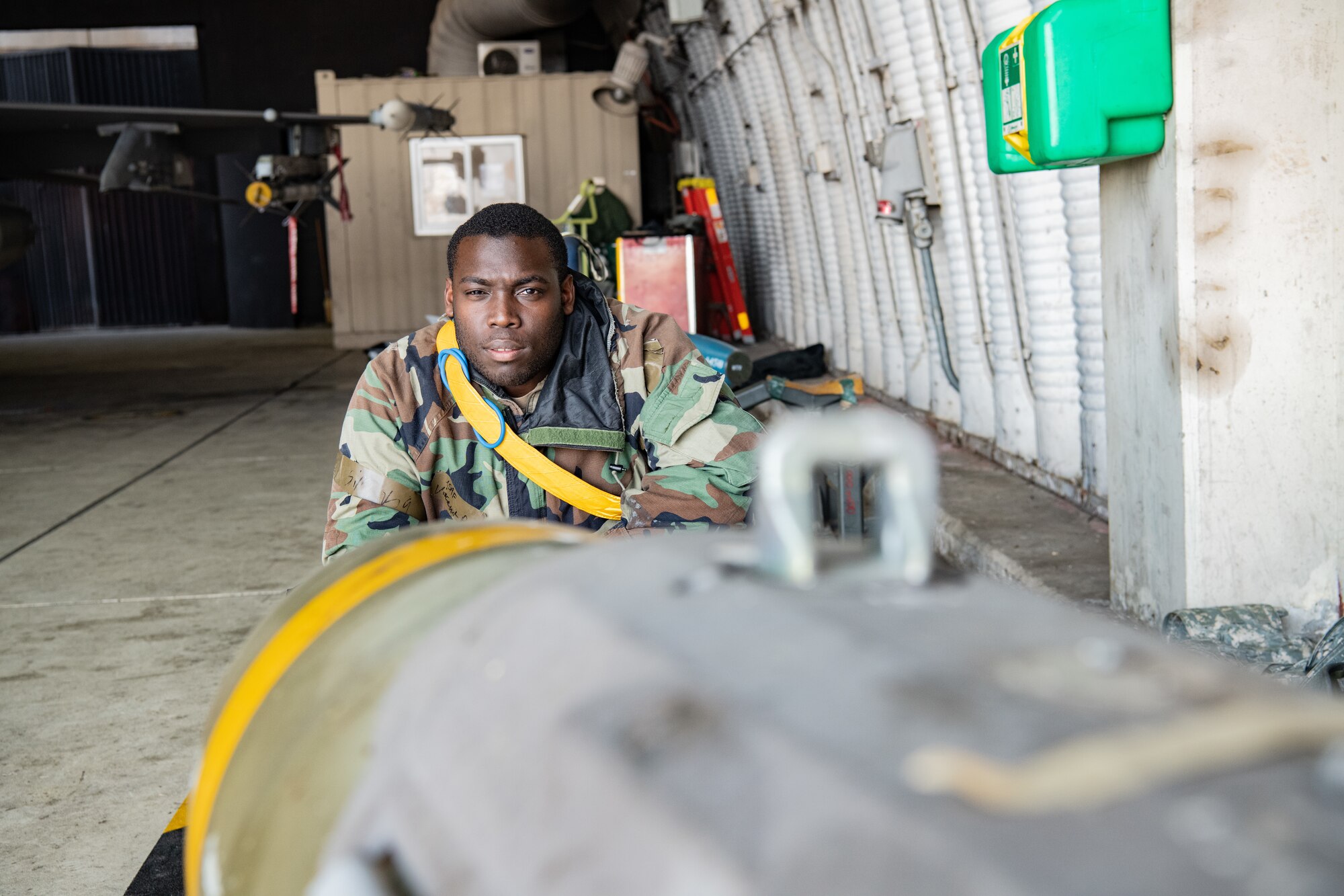 U.S. Air Force Senior Airman Vincent Brown, 80th Fighter Generation Squadron weapons load crewmember, inspects a guided-bomb unit-31 (GBU-31) at Kunsan Air Base, Republic of Korea, Nov. 2, 2022.