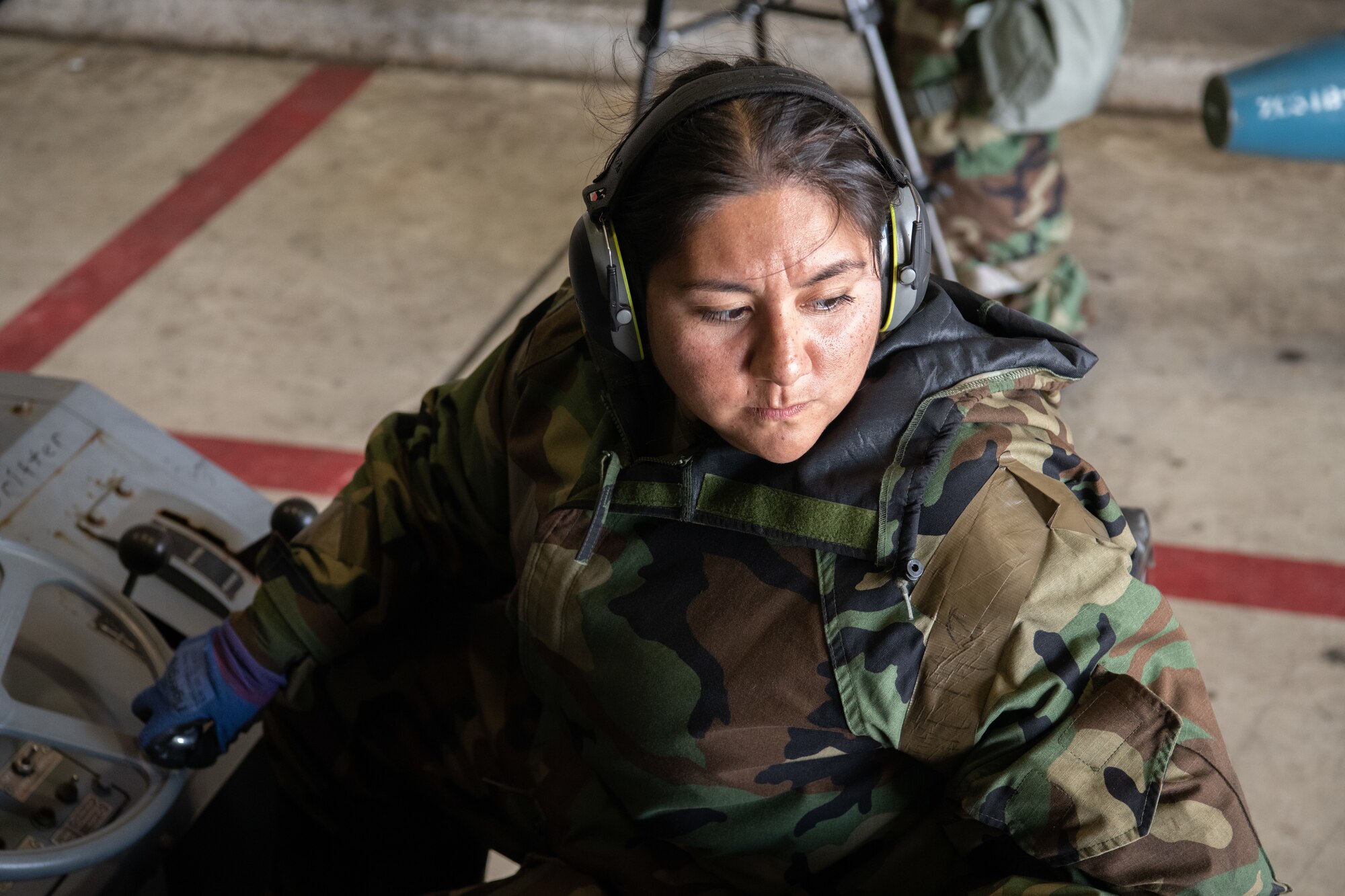 U.S. Air Force Airman 1st Class Michelle Santos, 80th Fighter Generation Squadron weapons load crewmember, drives an MJ-1 “jammer” vehicle at Kunsan Air Base, Republic of Korea, Nov. 2, 2022.