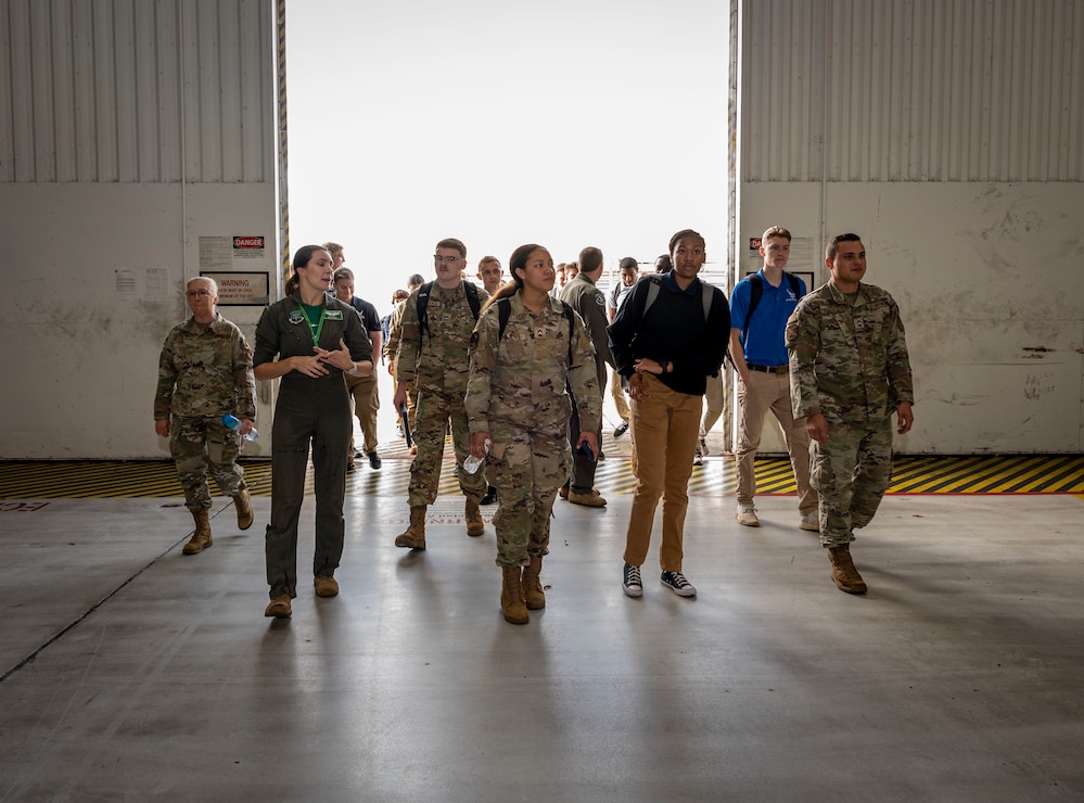 Airmen assigned to the 336th Fighter Generation Squadron meet with Air Force ROTC cadets from Fayetteville State University, North Carolina Agricultural and Technical State University, and East Carolina University during the Strive 4th: A project Tuskegee and AIM Initiative, at Seymour Johnson Air Force Base, North Carolina, Nov. 4, 2022.