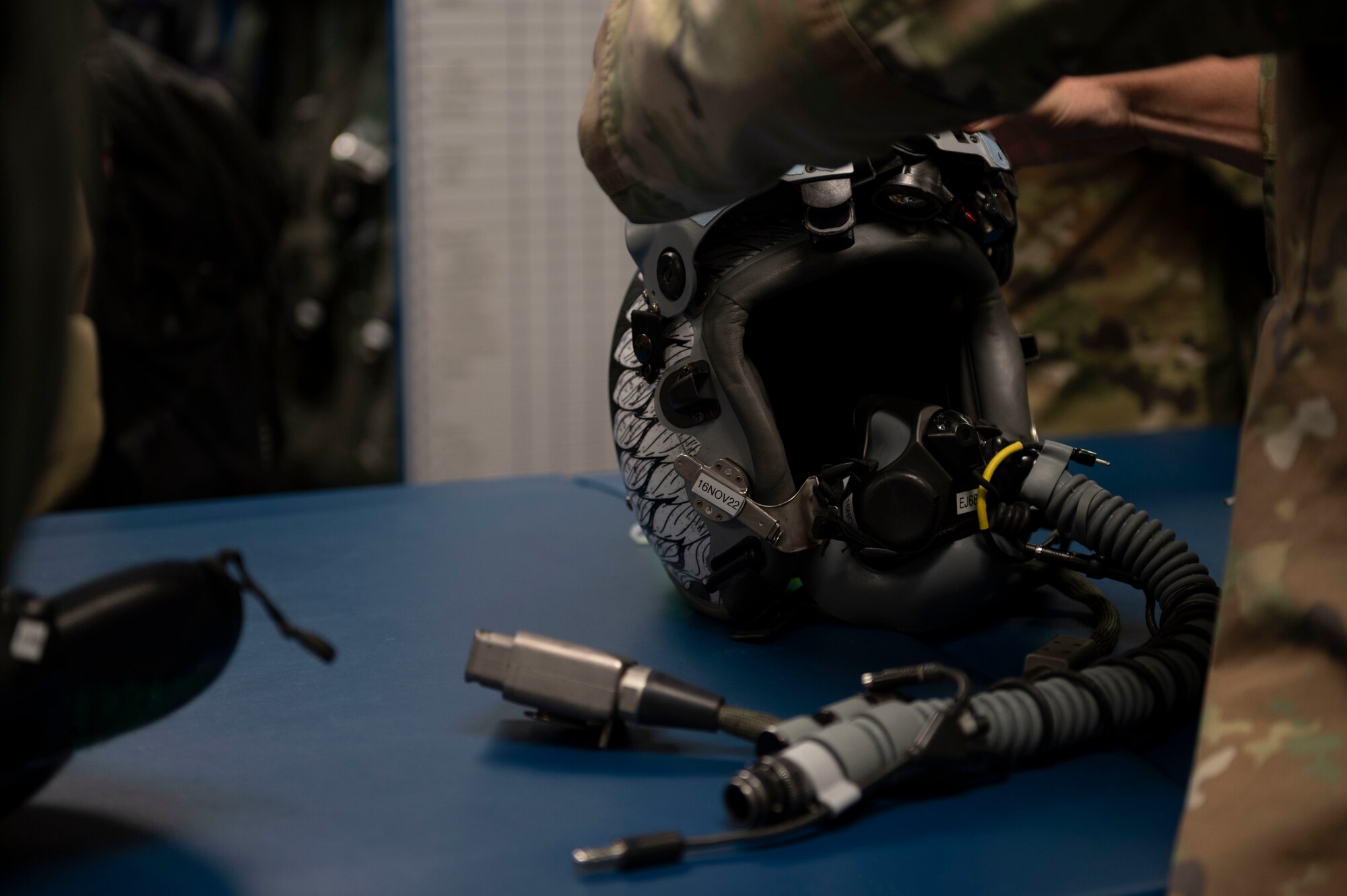 Airmen assigned to the 336th Fighter Squadron educate North Carolina Air Force ROTC cadets on the components of a pilot’s helmet during Strive 4th: A Project Tuskegee and AIM Initiative at Seymour Johnson Air Force Base, North Carolina, Nov. 4, 2022.