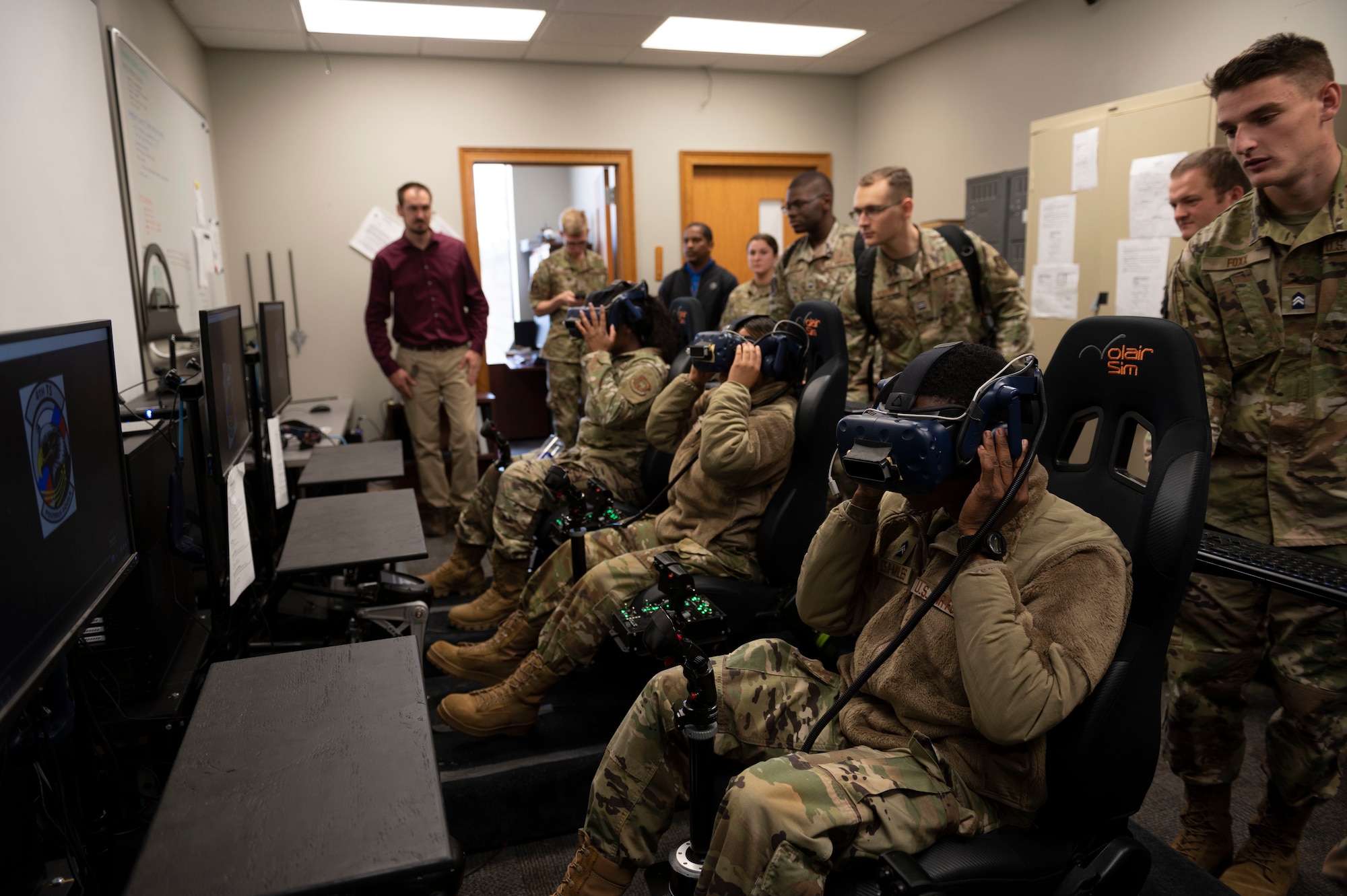Air Force ROTC cadets from North Carolina Agricultural and Technical State University, Fayetteville State University and East Carolina University use a virtual reality system during Strive 4th: A Project Tuskegee and AIM Initiative at Seymour Johnson Air Force Base, North Carolina, November 4, 2022.