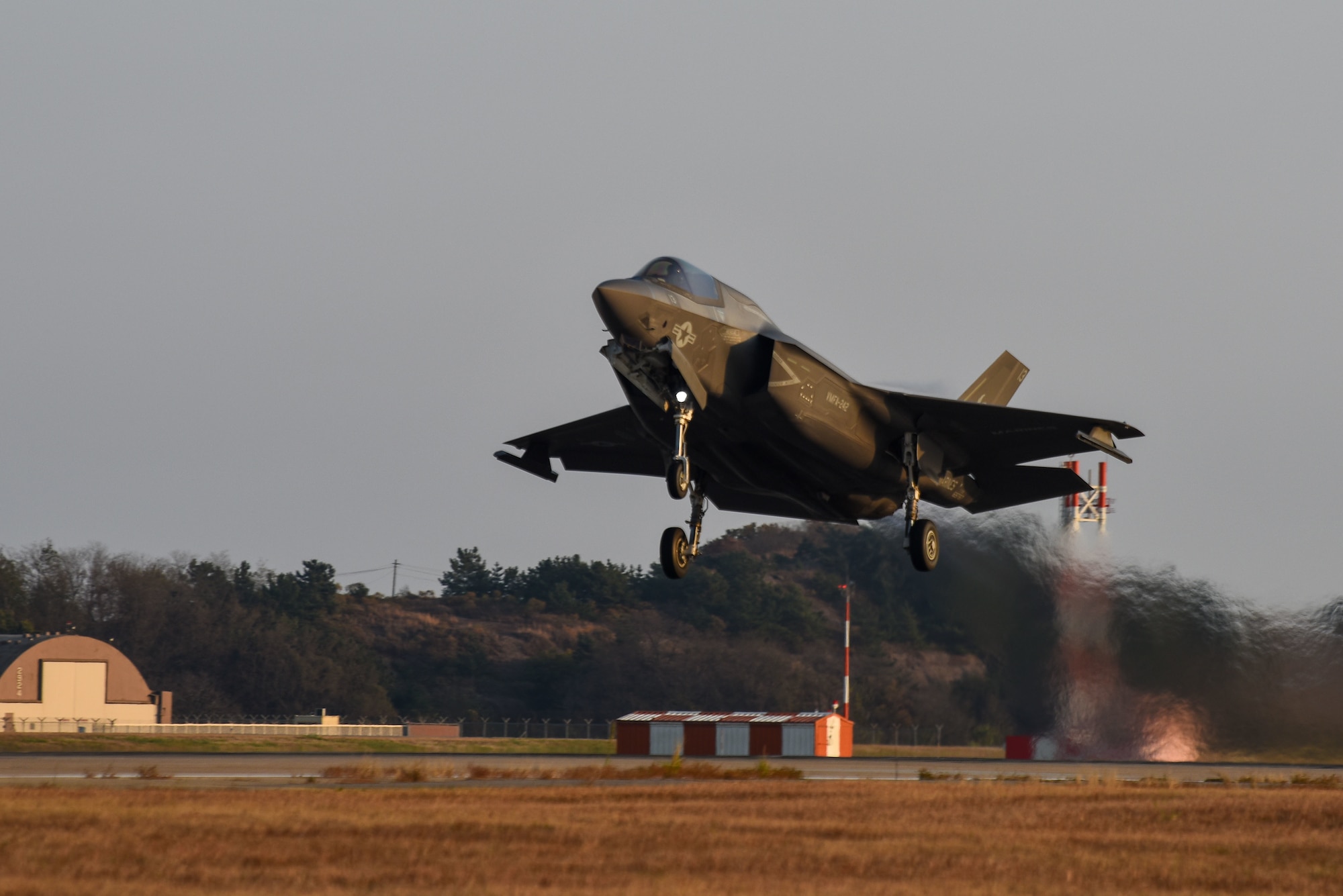 A U.S. Marine Corps F-35B Lightning II aircraft from the Marine Fighter Attack Squadron (VMFA) 242 departs the flightline at Kunsan Air Base, Republic of Korea, Oct. 31, 2022. The aircraft traveled to Kunsan as a part of the Pacific Air Forces command sponsored VIGILANT STORM 23 training event. VIGILANT STORM integrates U.S. and ROK forces to train on mutual support procedures and maximizes command and control capabilities to improve understanding and trust between the two nations. (U.S. Air Force photo by Tech. Sgt. Timothy Dischinat)