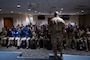 Brig. Gen. Kenyon Bell, Air Force Global Strike Command director of logistics and engineering, meets with Air Force ROTC cadets at Seymour Johnson Air Force Base, North Carolina, Nov. 4, 2022. Bell visited the installation as part of Strive 4th: A Project Tuskegee and aviation inspiration mentorship initiative.