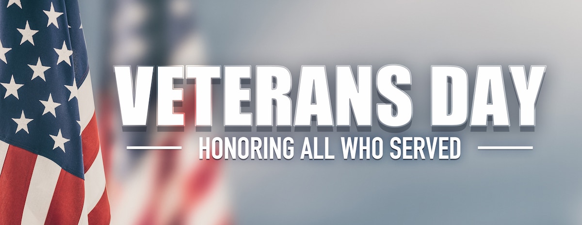 Background of American flags with text message Veterans Day, honoring all who served