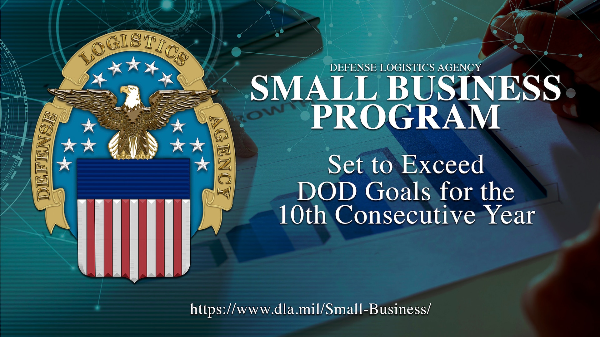 Small business graphic with DLA logo and text with muted financial graph background image.