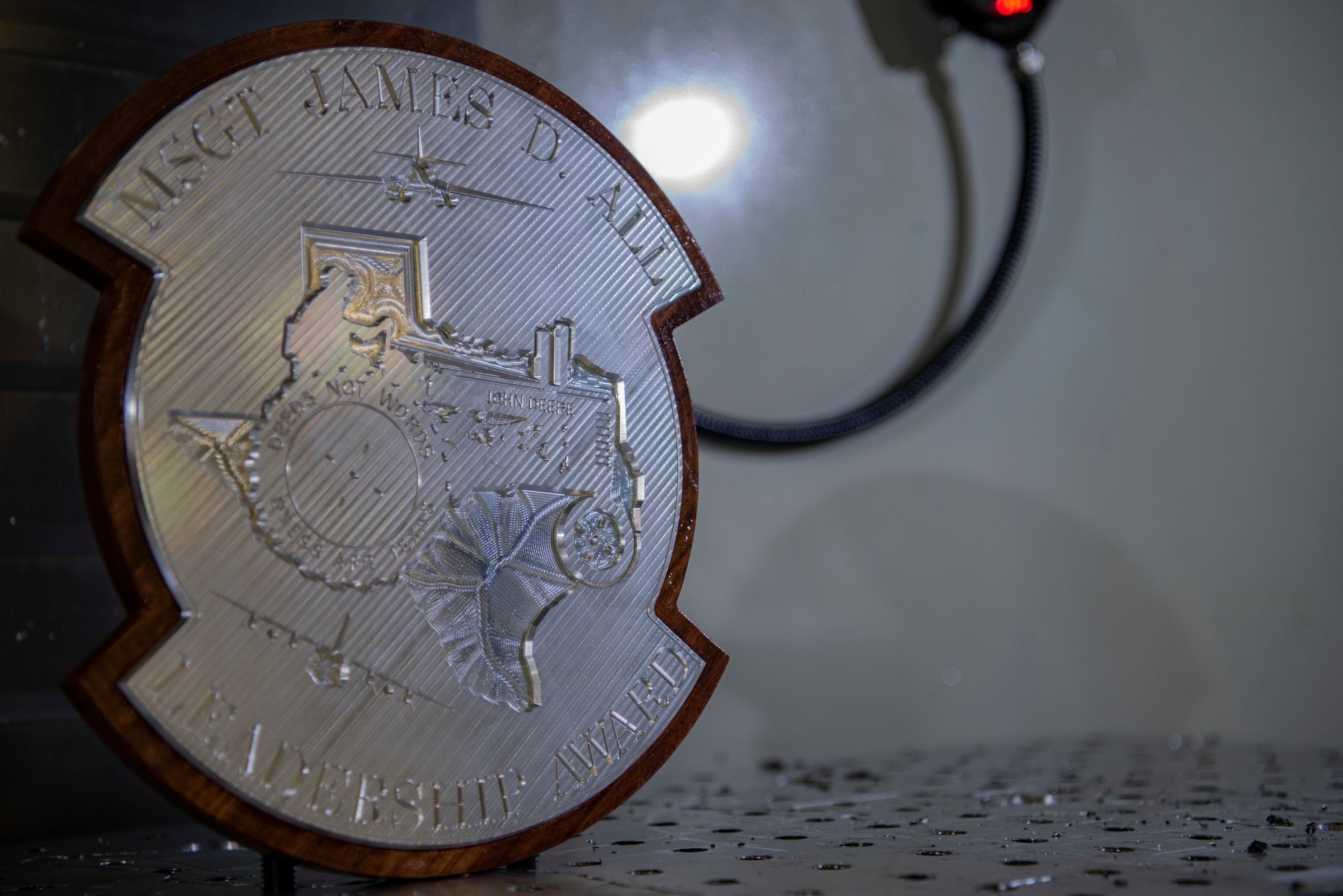 The Master Sgt. James D. All Leadership Award sits on a shelf at Dyess Air Force Base, Texas, Aug. 22, 2022. This award will be given quarterly to enlisted members (master sergeant and below) in the 7th Equipment Maintenance Squadron for inspiring others and demonstrating Air Force Core Values. (U.S. Air Force photo by Airman 1st Class Ryan Hayman)