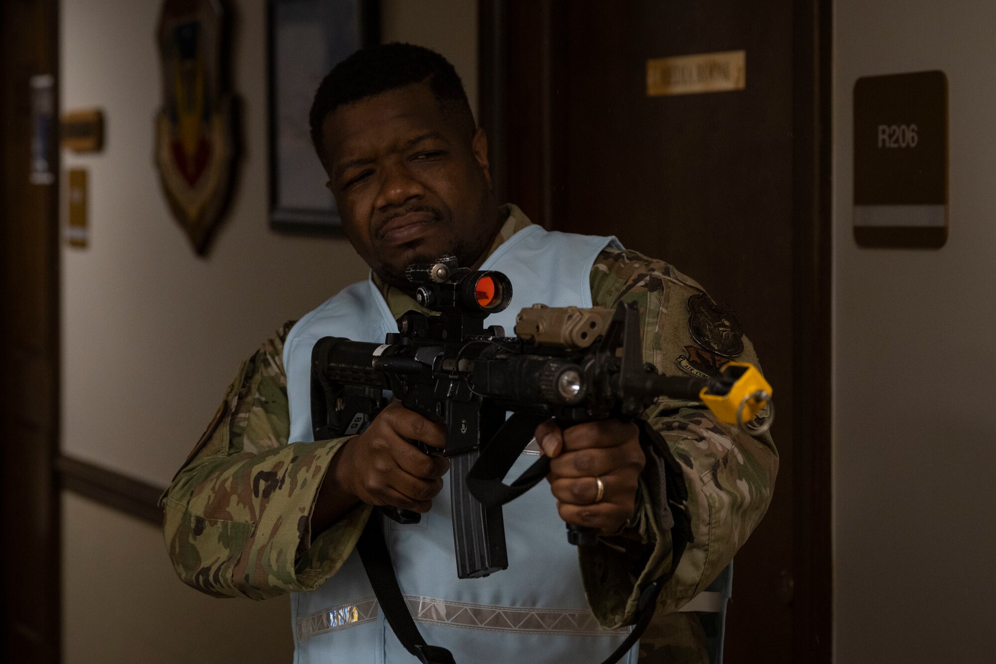 Master Sgt. Chadir Shivers, 4th Fighter Wing inspector general exercise planner, acts as an active shooter during an active-shooter exercise at Seymour Johnson Air Force Base, North Carolina, Nov. 7, 2022. Active-shooter exercises are required to be conducted at least twice annually to test Airmen’s skills and reactions to different scenarios.
