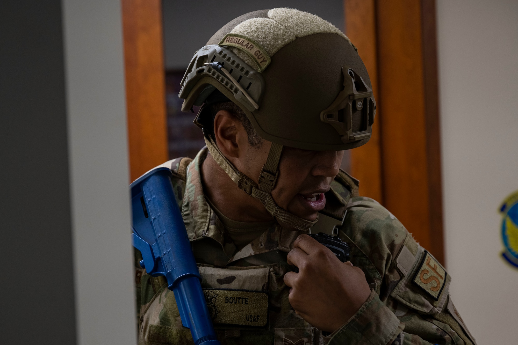 Tech. Sgt. Michael Boutte, 4th Security Forces Squadron flight sergeant, establishes communication during an active-shooter exercise at Seymour Johnson Air Force Base, North Carolina, Nov. 7, 2022. The 4th Fighter Wing routinely conducts readiness exercises to test and enhance Airmen's skills and proficiency.