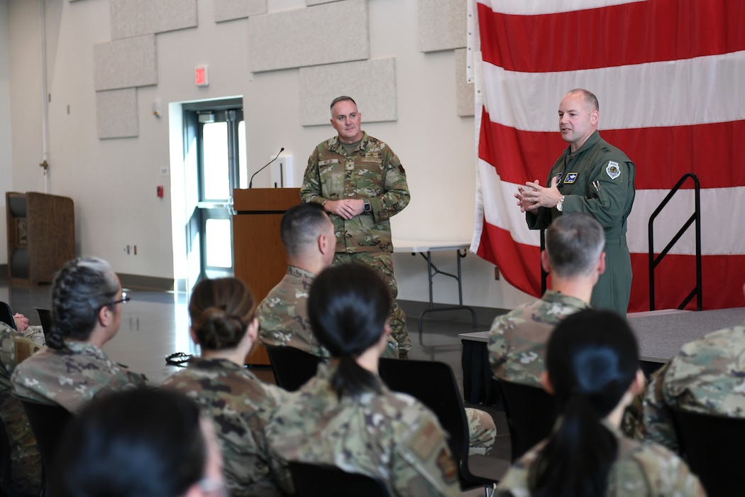 U.S. Air Force Maj. Gen. Duke A. Pirak, front right, deputy director, Air National Guard, addresses Airmen during an all-call at Camp Murray, Washington National Guard, Oct. 27, 2022. Pirak fielded questions on a range of topics that spanned from national security threats to daily issues affecting the service members’ families such as inflation and housing issues. (Air National Guard photo by Tech. Sgt. Emily Moon)