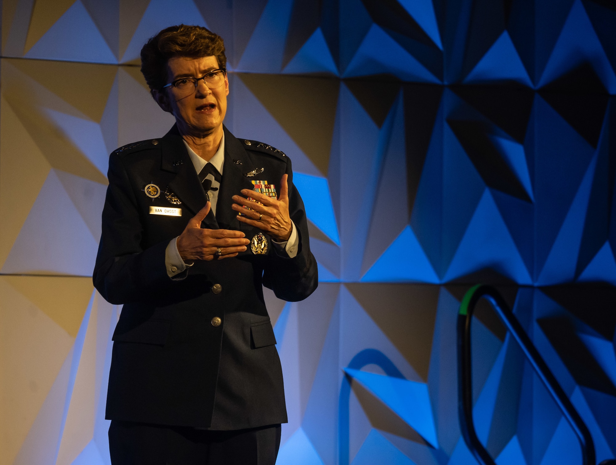 Gen. Jacqueline Van Ovost, commander of U.S. Transportation Command, delivers her keynote address during the Airlift/Tanker Association Symposium in Denver, Colo., Oct. 29, 2022.  This year’s symposium brought together 1,600 Air Force senior leaders, industry partners, media, partner nations representatives, and Airmen with mobility equities, to include Airmen from Air Force Special Operations Command and Air Force Education Command. The open environment drove discussion on issues and challenges facing America and the Air Mobility community at large, with a specific focus on the Indo-Pacific area of responsibility and the mobility joint force requirements that will yield safety and security for the nation. (U.S. Air Force photo by Master Sgt. Jodi Martinez)