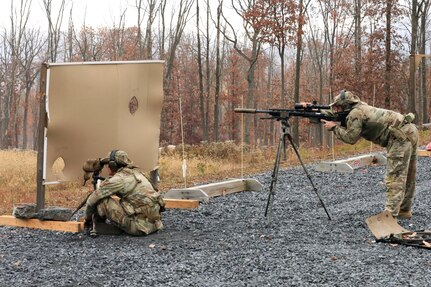 A U.S. Army sniper team competes in the Pennsylvania State Sniper Match sponsored by The Pennsylvania National Guard’s Marksmanship Training Unit (MTU) November 3-6 at Fort Indiantown Gap. This sniper team has been selected as the best from their unit to compete in the annual event.