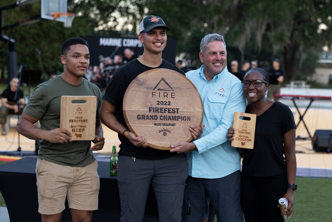 U.S. Marines with Headquarters and Service Battalion, Marine Corps Recruit Depot Parris Island win the 2022 Firefest Grand Champion Award at Marine Corps Air Station Beaufort, Oct. 7, 2022. Fire Fest hosted the competition for Marines to compete for personal prizes, unit funds and to improve camaraderie between the different commands. (U.S. Marine Corps photo by Lance Cpl. Kyle Baskin)