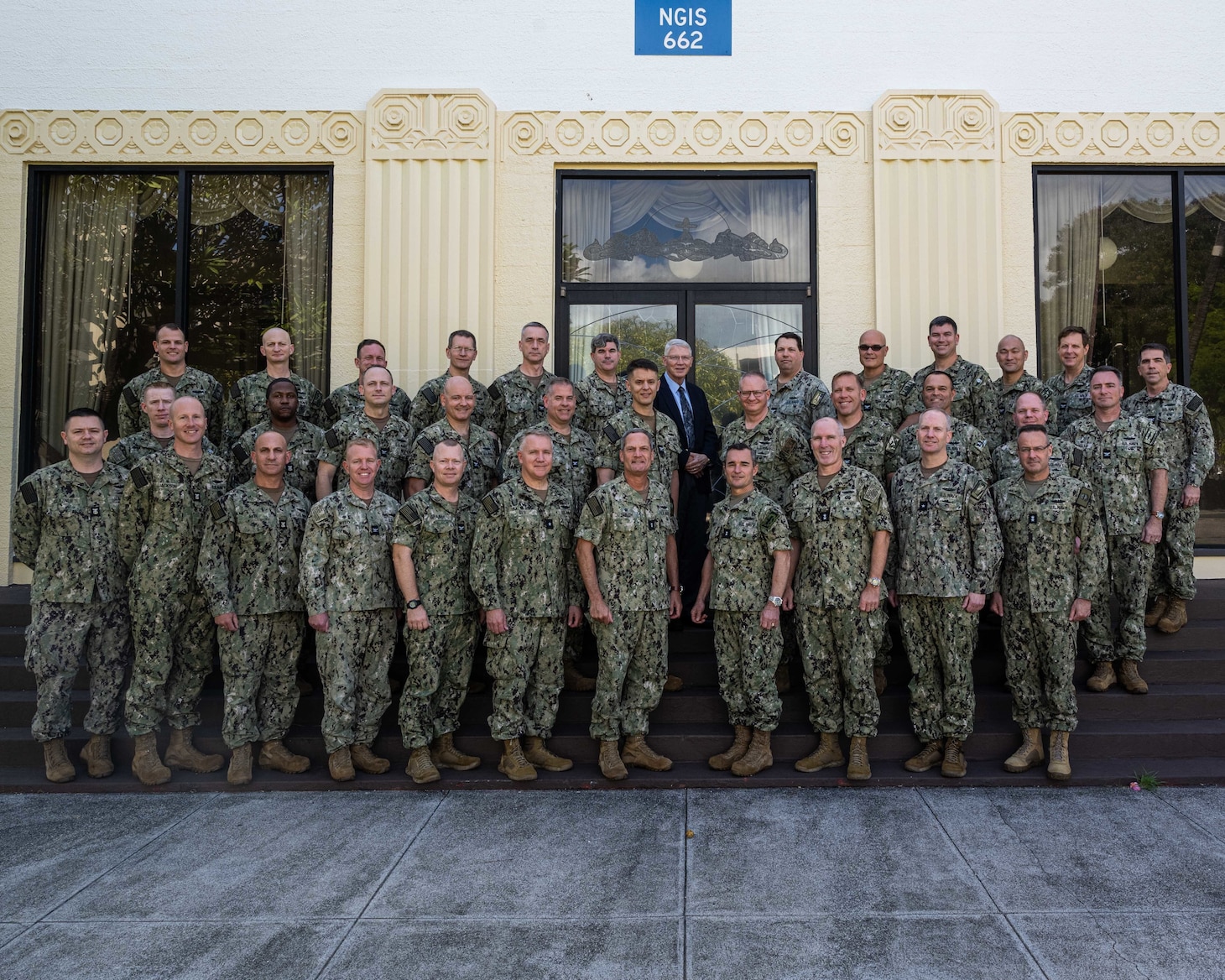 Rear Adm. Jeff Jablon, Commander, Submarine Force, U.S. Pacific Fleet, bottom row, center, poses for a photo with submarine force leadership in front of Lockwood Hall during Group and Major Commanders’ Officer Training Symposium (GAMCOTS), Oct. 25.