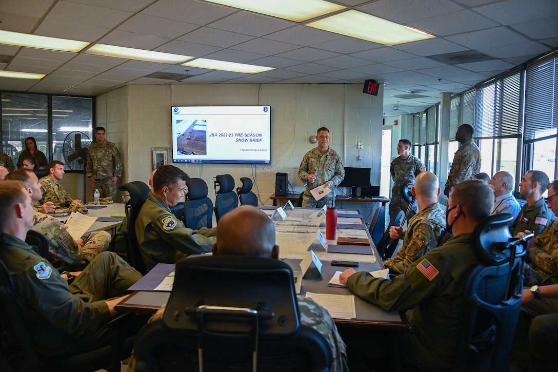 A group of Joint Base Andrews leaders gather for a pre-season inclement weather brief at JBA, Md., Nov. 7, 2022. The group discussed JBA’s Snow and Ice Control plan and participated in a tabletop activity to ensure that all parties understood their roles and responsibilities for the upcoming winter season. (U.S. Air Force photo by Airman 1st Class Isabelle Churchill)