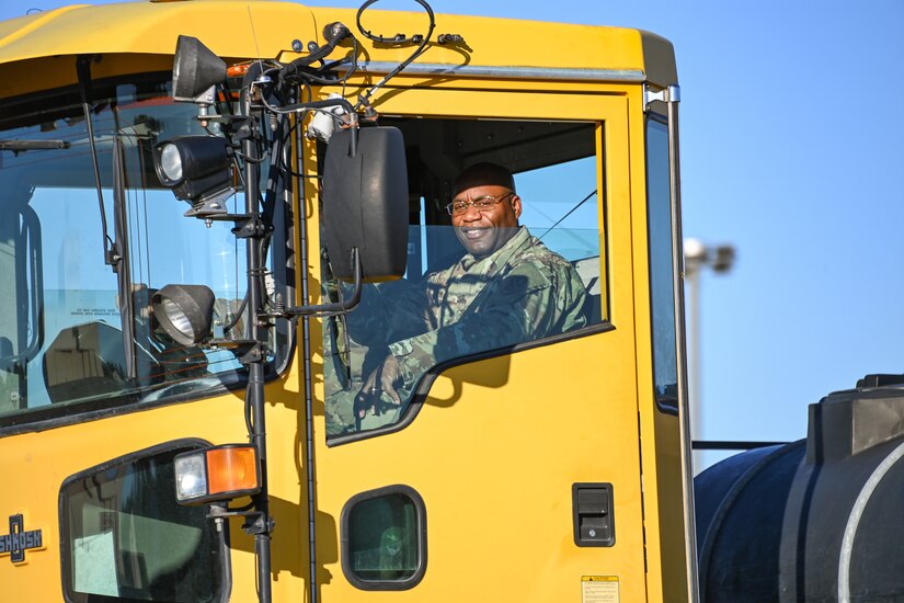 Col. Todd Randolph, 316th Wing and installation commander, rides in the passenger seat in a 316th Civil Engineer Squadron winter weather vehicle at Joint Base Andrews, Md., Nov. 7, 2022. The “Snow Rodeo '' gave JBA leadership an opportunity to gain familiarity with the equipment used by 316th CES during inclement weather. (U.S. Air Force photo by Airman 1st Class Isabelle Churchill)