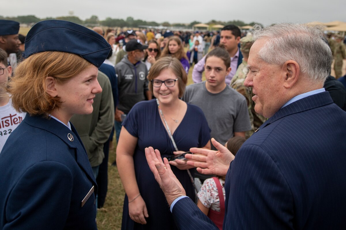 Secretary of the Air Force Frank Kendall speaks with Airmen and their families.